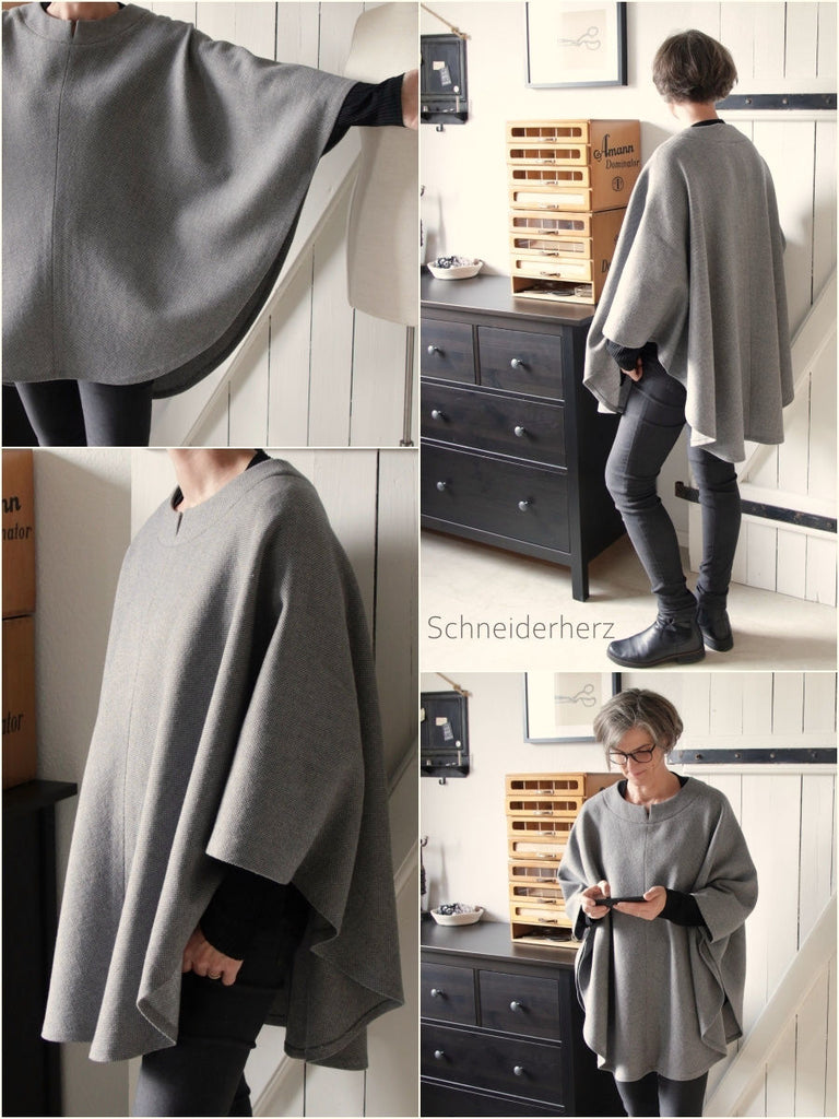 Nähbeispiel aus dem German Tweed Faux Uni in der Farbe Silberwolke als Poncho Pavilly von Schnittquelle