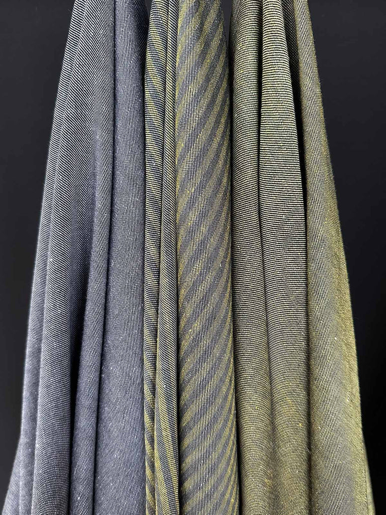 Kombinationsmöglichkeit unseres Wolle-Leinen-Mix in als Uni und Streifen in den Farben Gelb und Grau