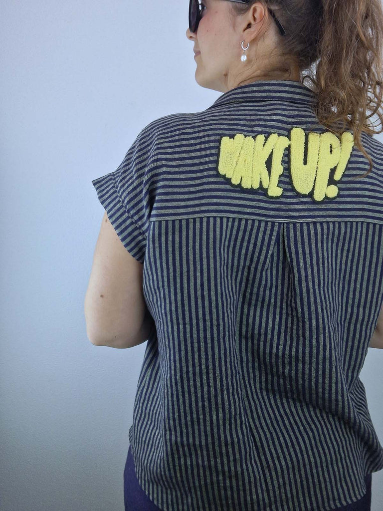 Nähbeispiel vom Wolle-Leinen-Mix als Streifen in der Farbe Lila/Lindgrün