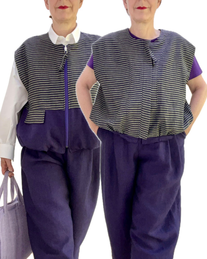 Nähbeispiel vom Wolle-Leinen-Mix als Streifen in Lila/Lindgrün und Uni in Lila