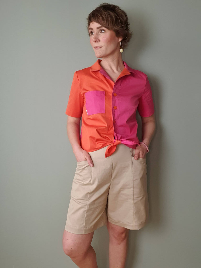 Nähbeispiel von unserem Cotton Stretch in Pink, Orange und Beige