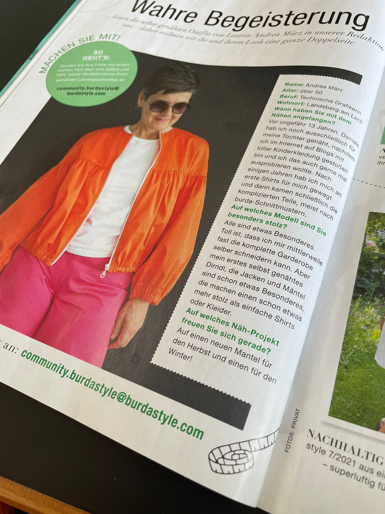 Beitrag in der Burda Style über Andrea März in unserem Cotton Stretch Chino 